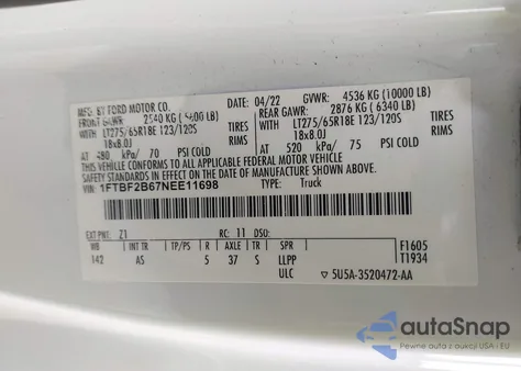 2022 Ford F-250 Xl из США, поврежденный, VIN 1FTBF2B67NEE11698